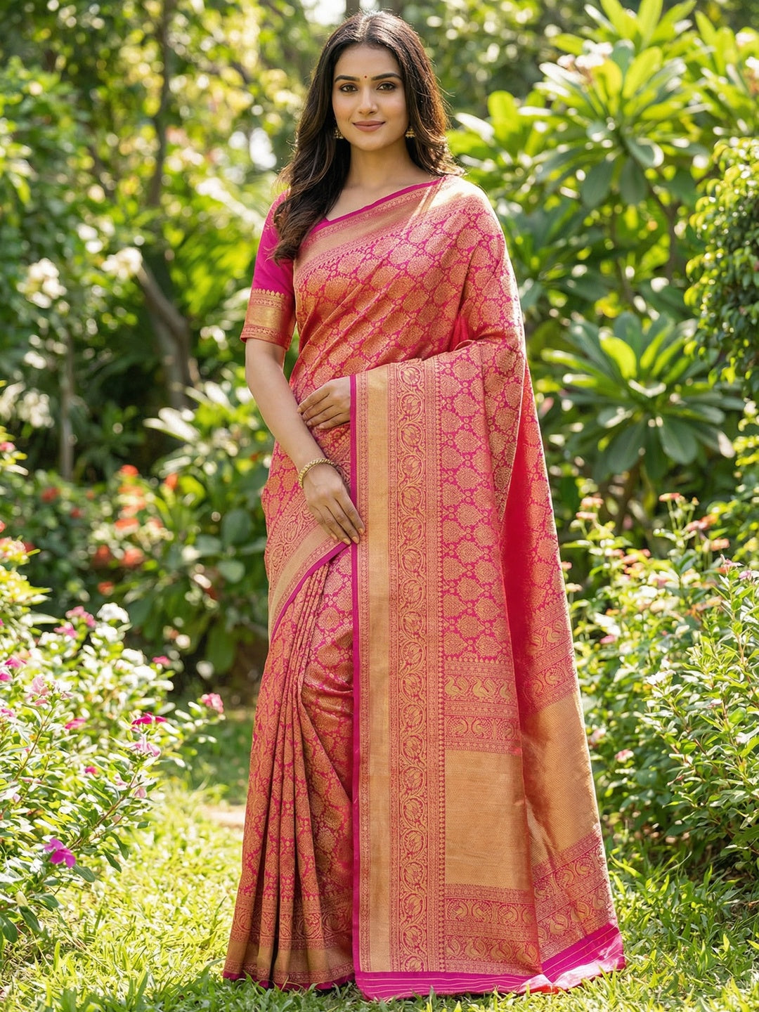 Rani Pink Floral Woven Lichi Banarasi Silk Saree
