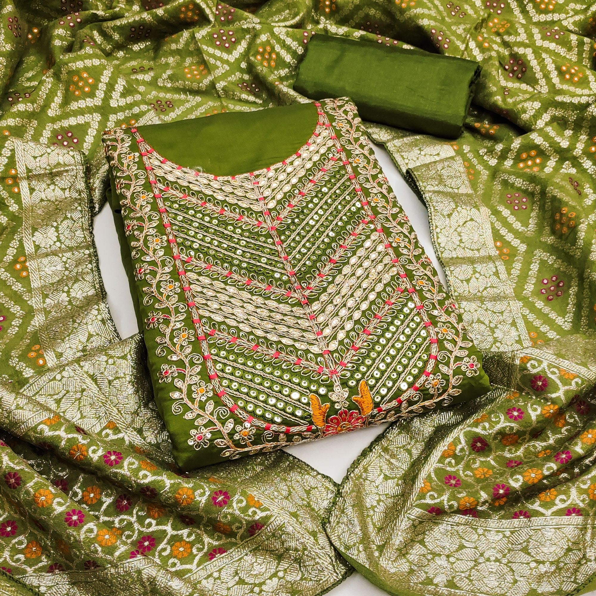 Graceful Green Cotton Silk Dress Material With Floral Cording Embroidery & Sparkling Sequins - Image 1