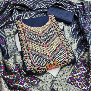 Graceful Navy Blue Cotton Silk Dress Material With Floral Cording Embroidery & Sparkling Sequins - Image 2