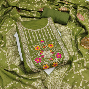 Elegant Green Cotton Silk Dress Material With Floral Embroidery & Shimmering Sequins Work - Image 2