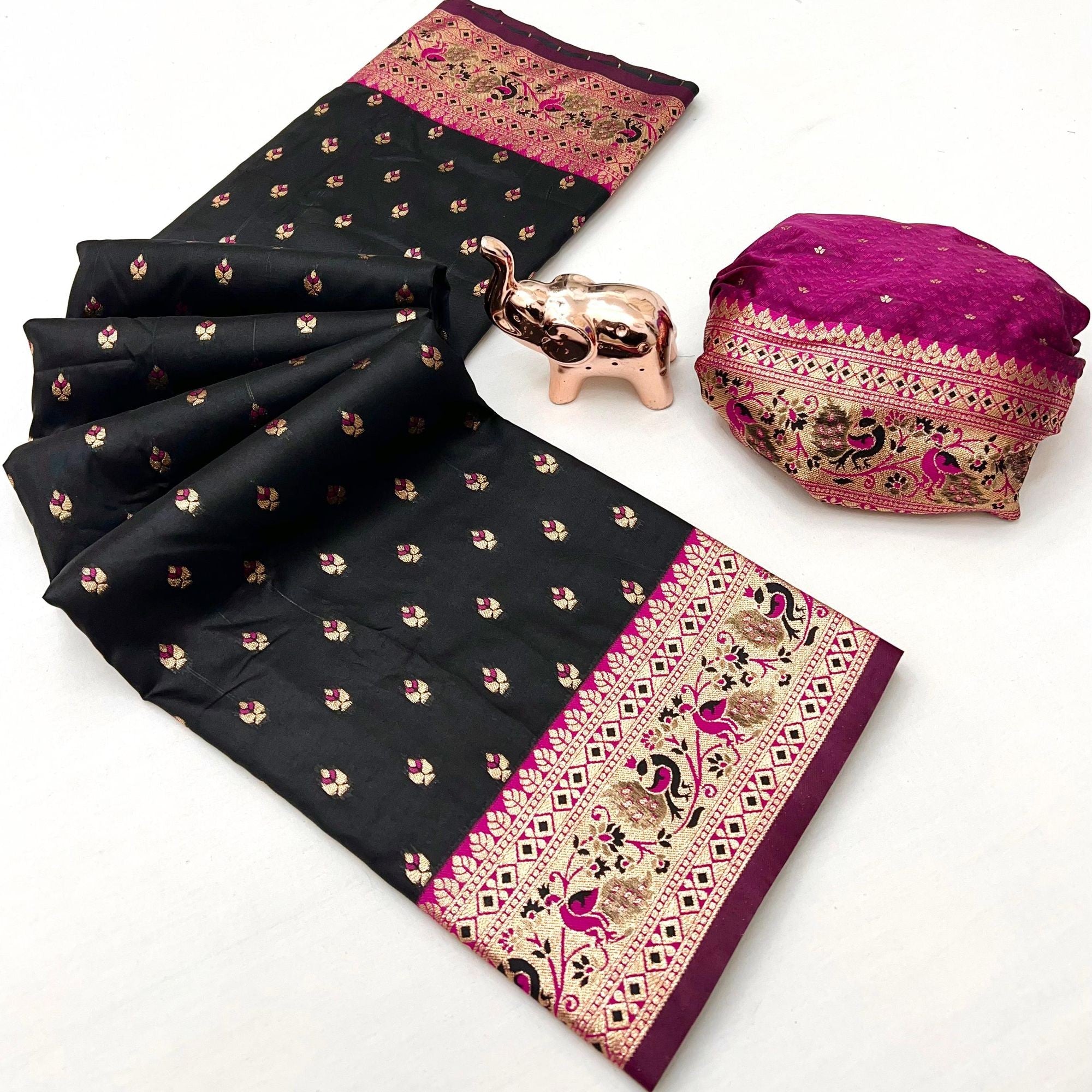 Black Traditional Banarasi Silk Saree with Rich Zari Weaving and Timeless Elegance - Image 2