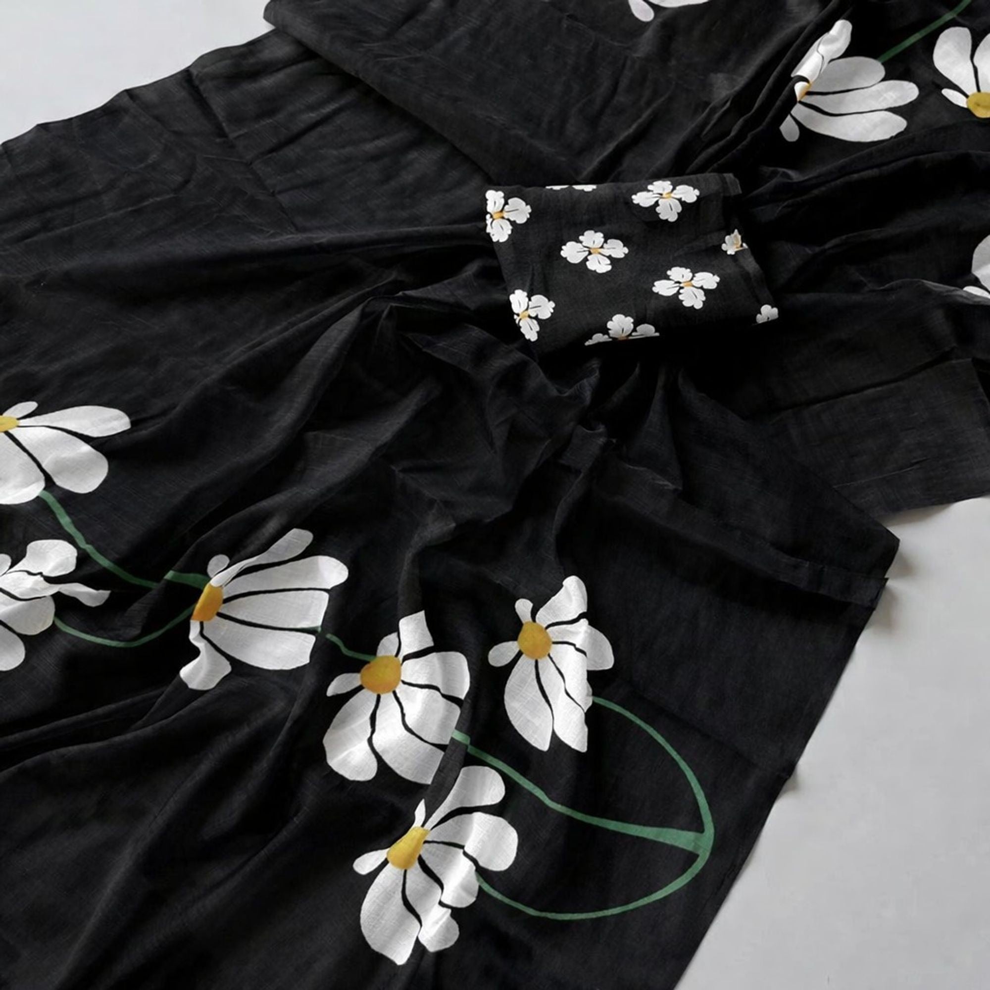 Graceful Black Linen Cotton Saree with Stylish Floral Prints for Effortless Elegance - Image 3