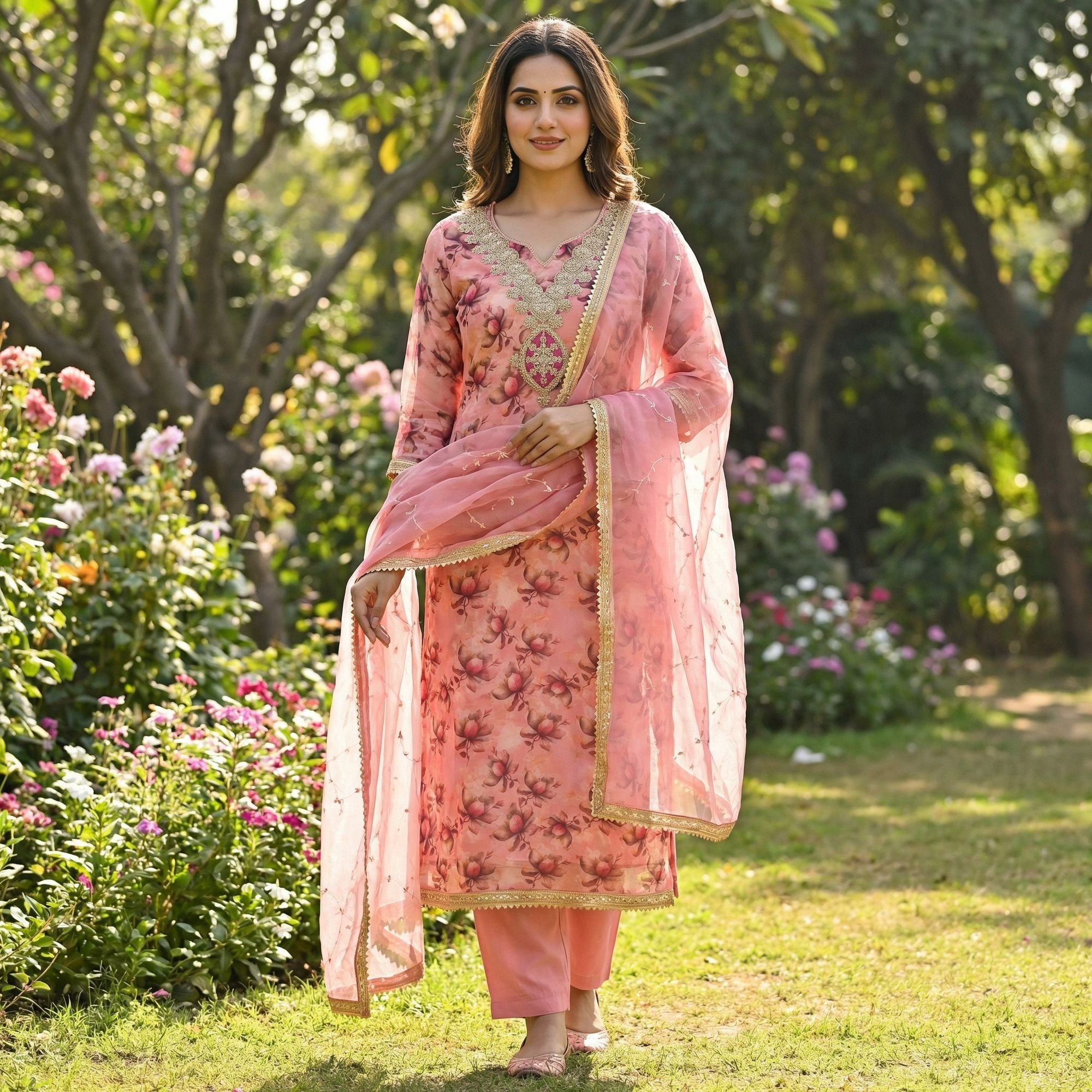 Pink Floral Digital Printed Organza Dress Material Featuring Exquisite Cording Embroidery Work - Image 1