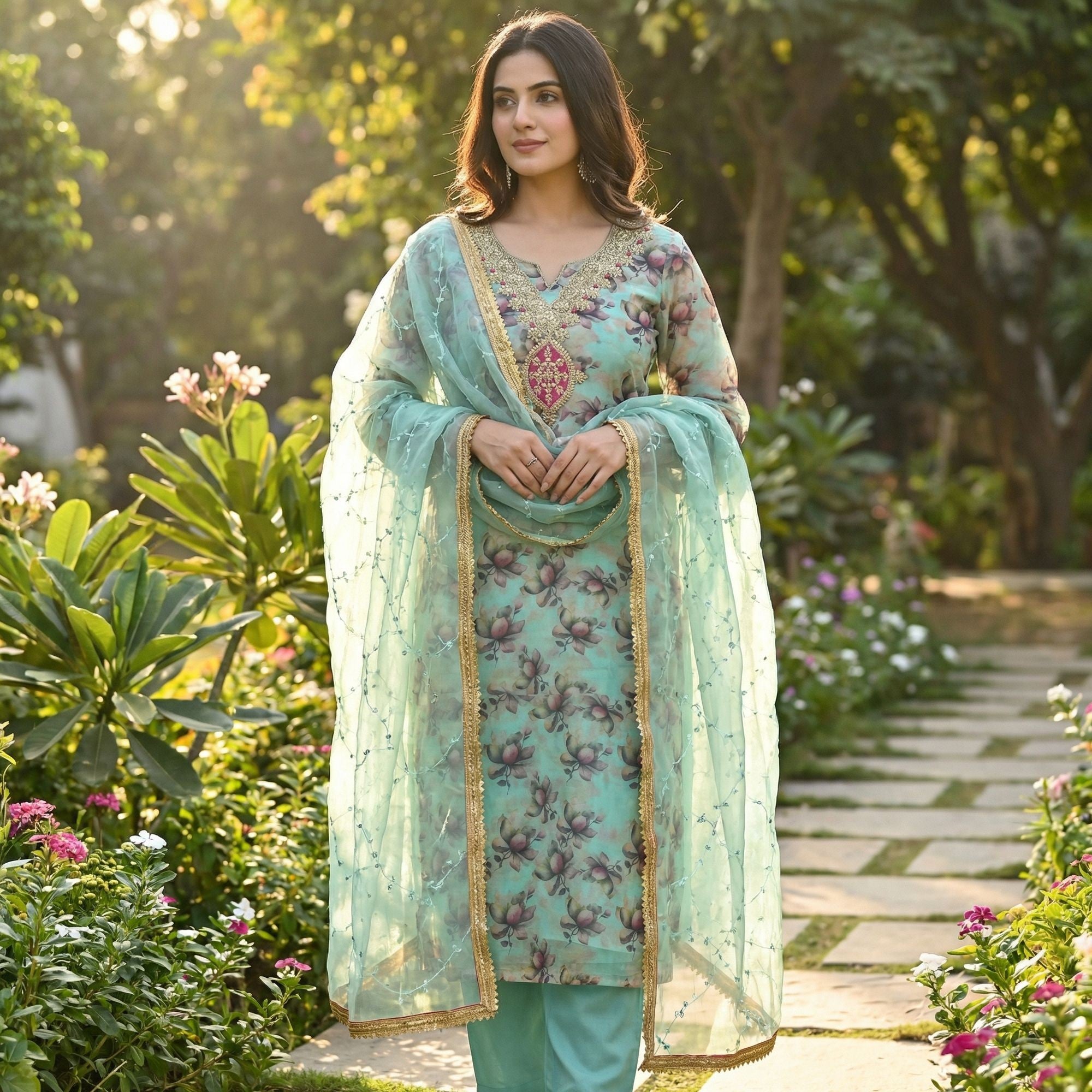 Turquoise Floral Digital Printed Organza Dress Material Featuring Exquisite Cording Embroidery Work - Image 1