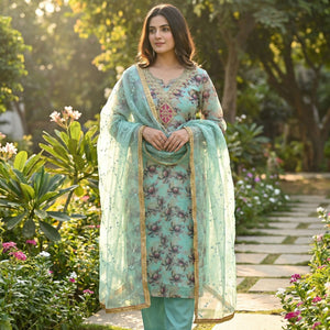 Turquoise Floral Digital Printed Organza Dress Material Featuring Exquisite Cording Embroidery Work - Image 1