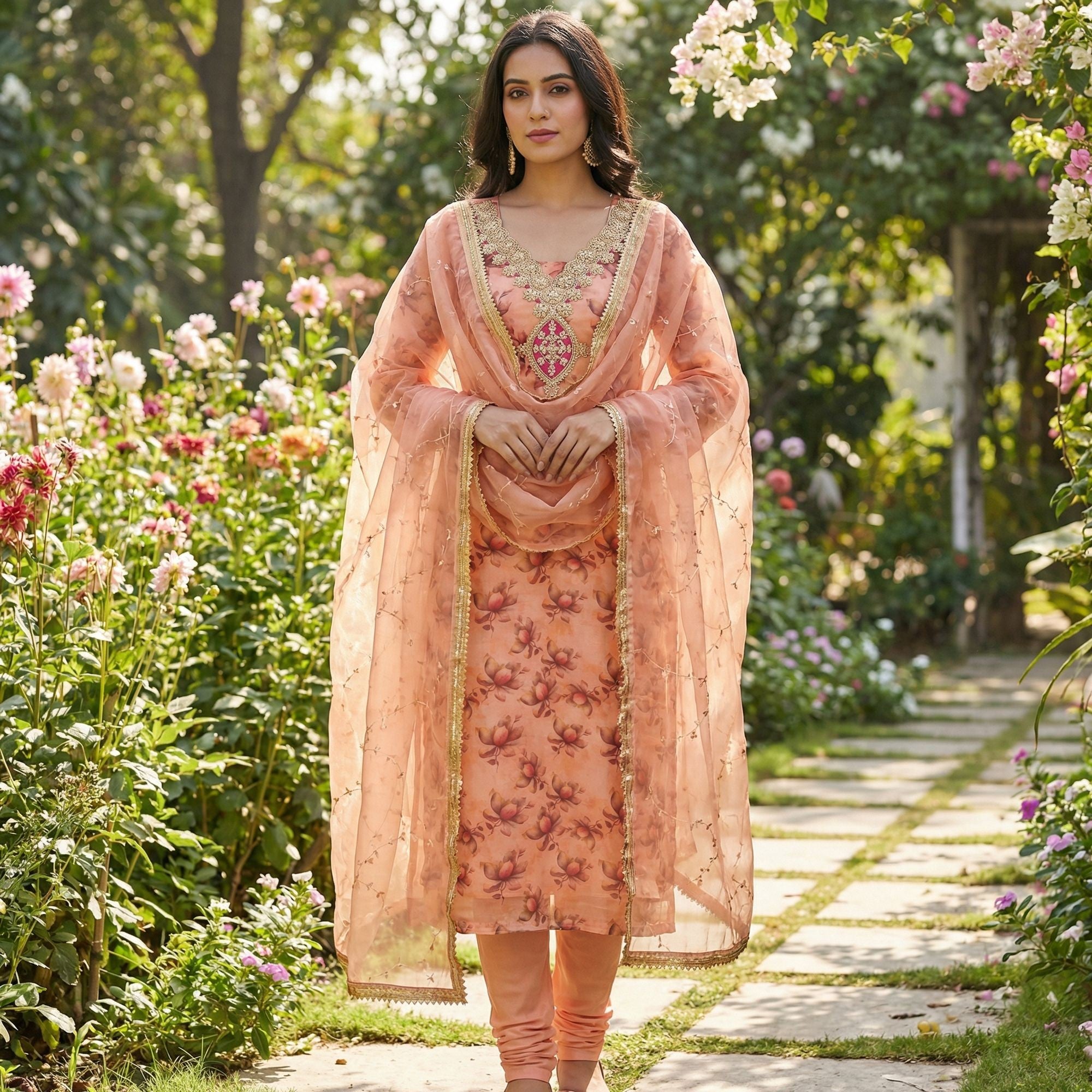 Peach Floral Digital Printed Organza Dress Material Featuring Exquisite Cording Embroidery Work - Image 1