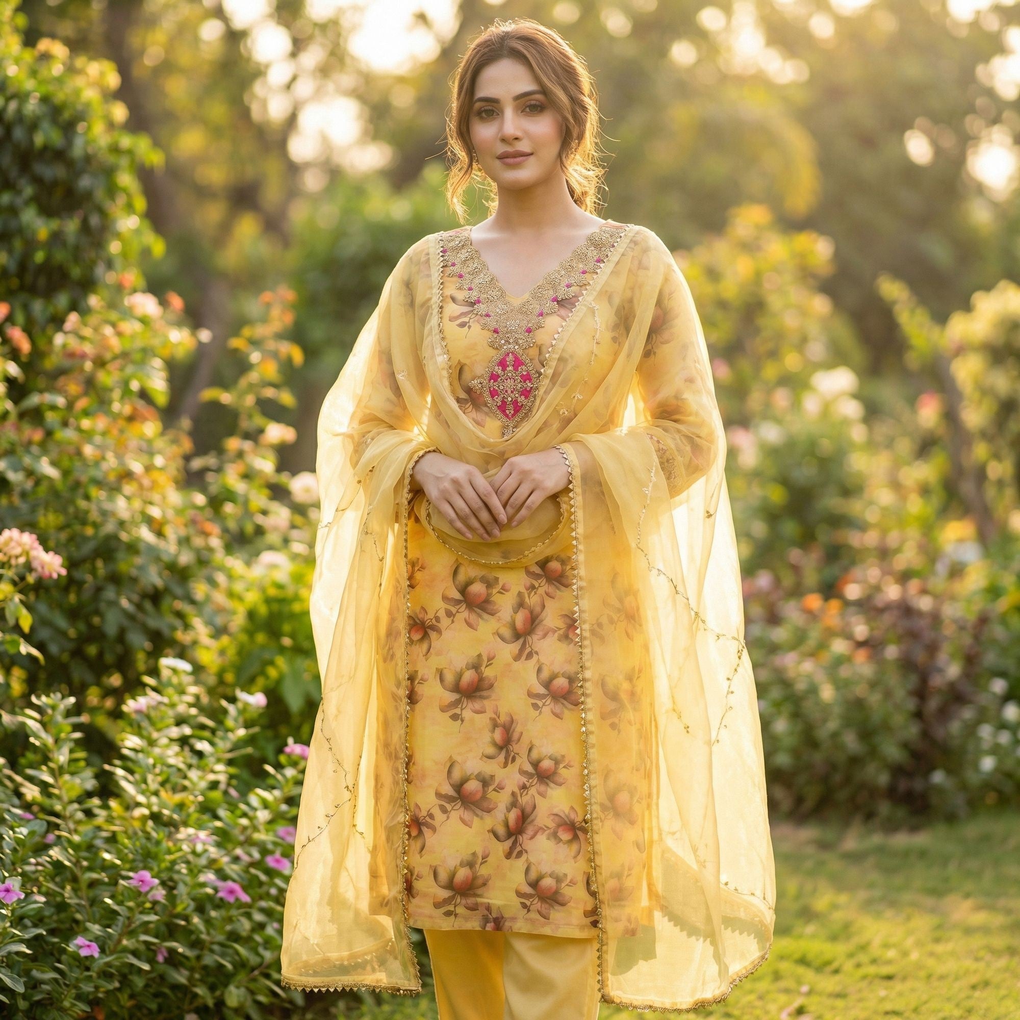 Yellow Floral Digital Printed Organza Dress Material Featuring Exquisite Cording Embroidery Work - Image 1