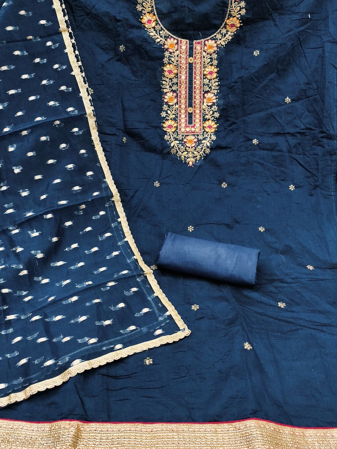 Navy Blue Chanderi Silk Dress Material Showcasing Floral Embroidery & Artisanal Gota Patti Work - Image 3