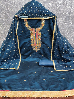 Navy Blue Chanderi Silk Dress Material Showcasing Floral Embroidery & Artisanal Gota Patti Work - Image 2