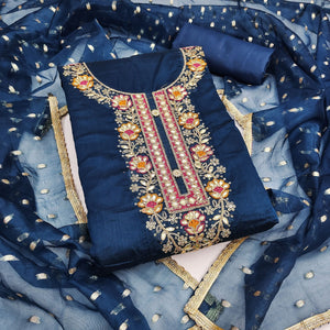 Navy Blue Chanderi Silk Dress Material Showcasing Floral Embroidery & Artisanal Gota Patti Work - Image 4
