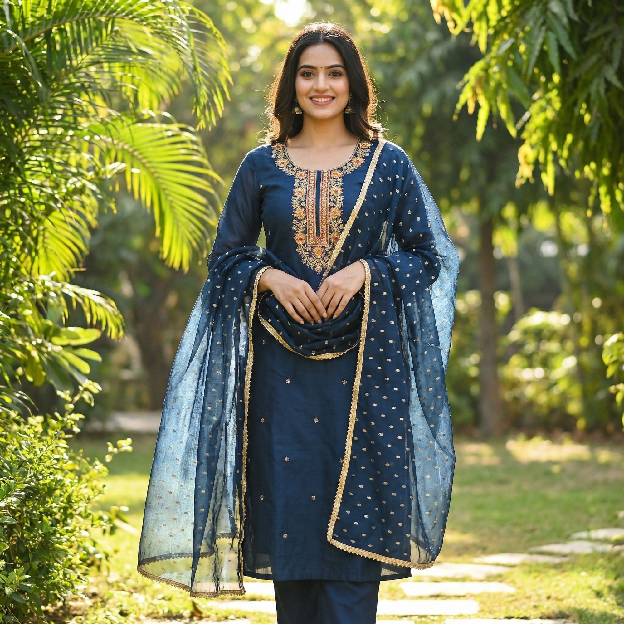 Navy Blue Chanderi Silk Dress Material Showcasing Floral Embroidery & Artisanal Gota Patti Work - Image 1