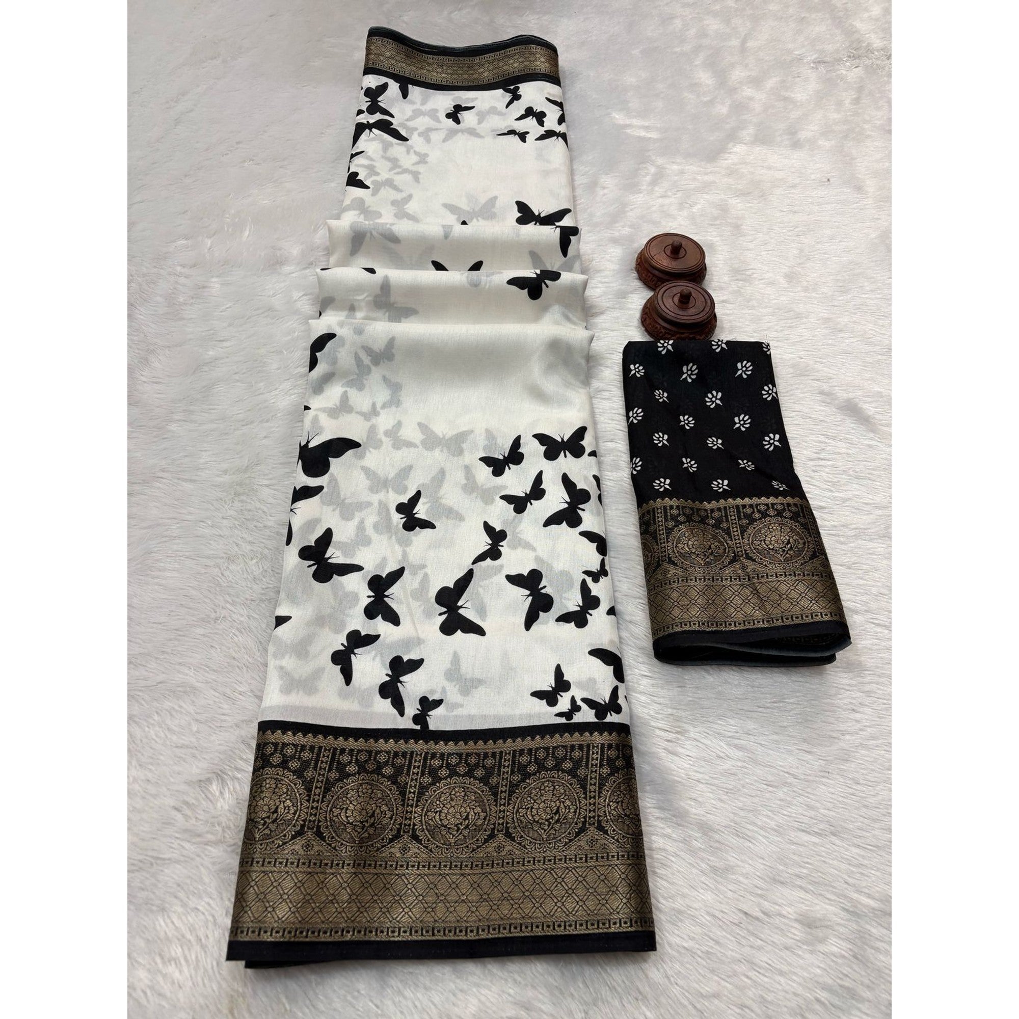 Elegant White Printed Dola Silk Saree Accented With A Floral Woven Border - Image 3