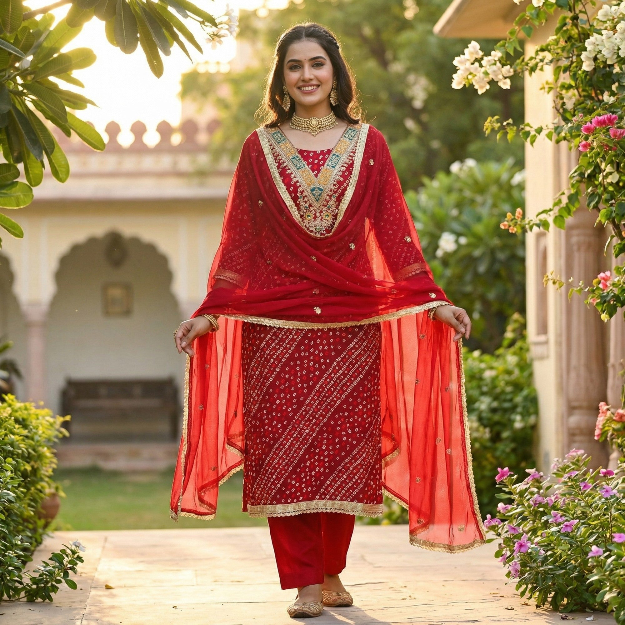 Traditional Red Bandhani Printed Rayon Dress Material Accented With Cording Embroidery Work - Image 2