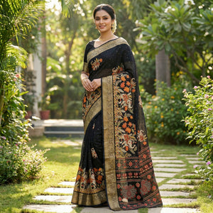 Black Printed Dola Silk Saree with Intricate Jacquard Woven Border for Festive Wear - Image 1