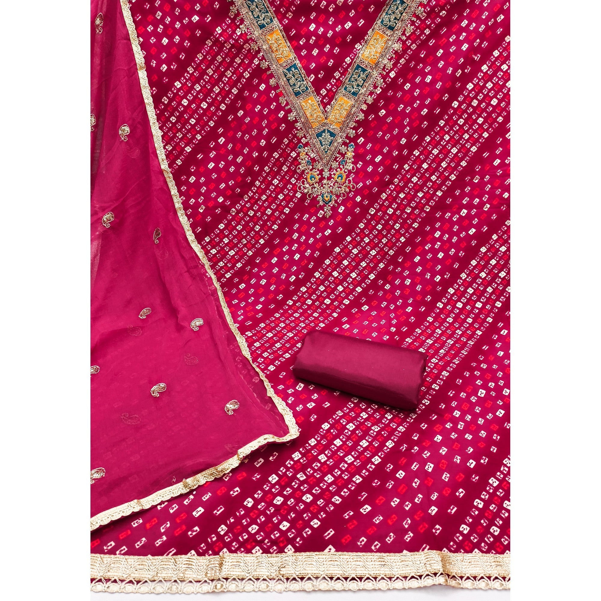 Traditional Pink Bandhani Printed Rayon Dress Material Accented With Cording Embroidery Work - Image 2
