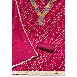 Traditional Pink Bandhani Printed Rayon Dress Material Accented With Cording Embroidery Work - Image 2