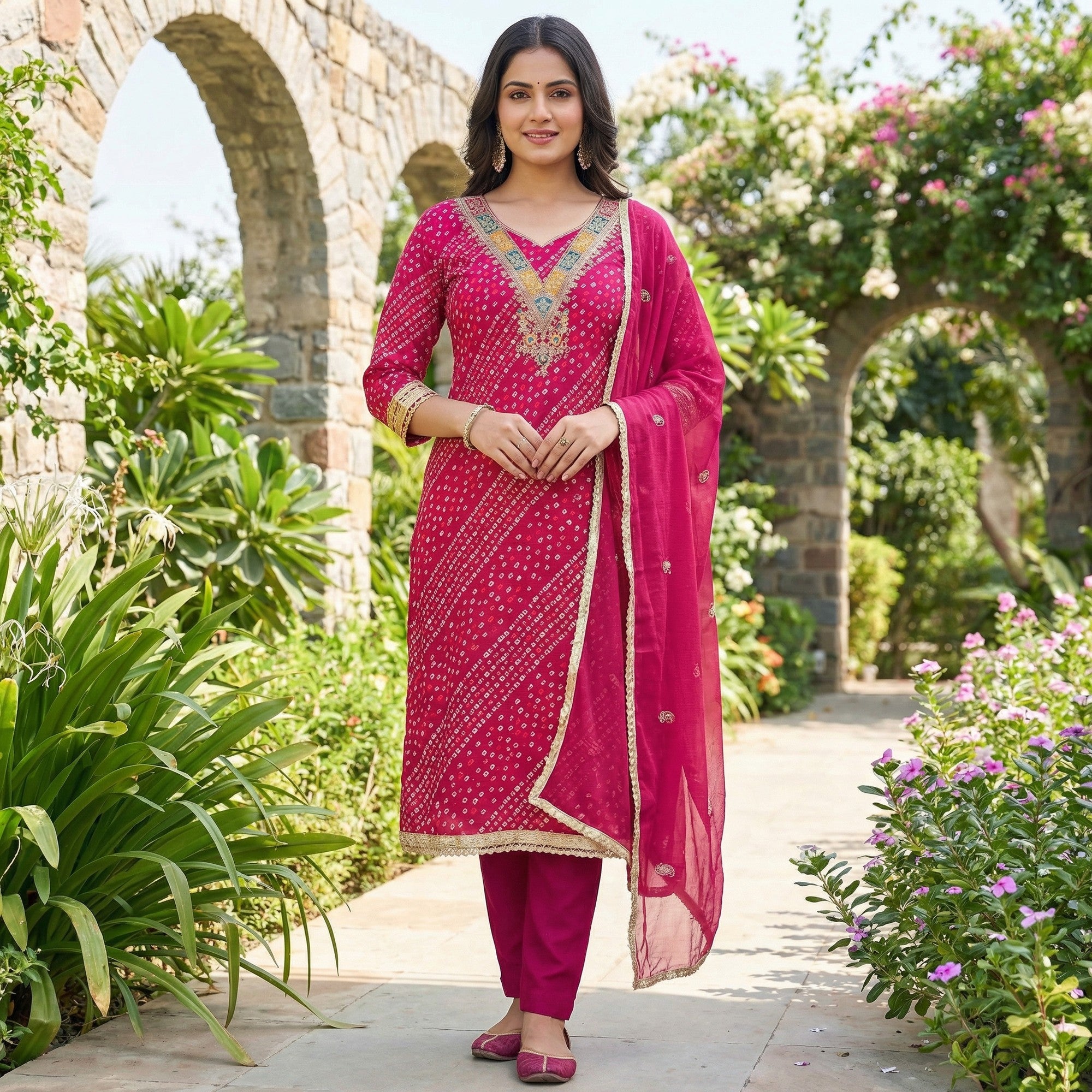 Traditional Pink Bandhani Printed Rayon Dress Material Accented With Cording Embroidery Work - Image 1