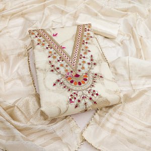 Classic Cream Floral Weaving Jacquard Dress Material Featuring Intricate Cording Embroidery Work - Image 1