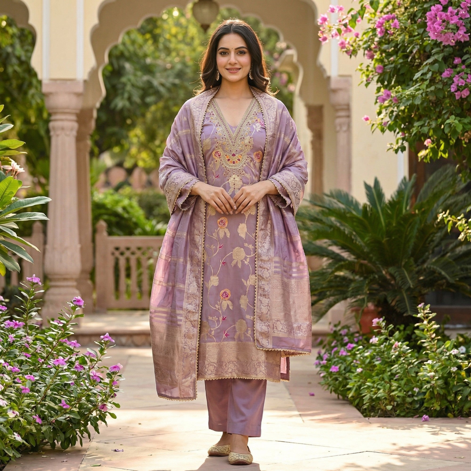 Classic Lavender Floral Weaving Jacquard Dress Material Featuring Intricate Cording Embroidery Work - Image 1