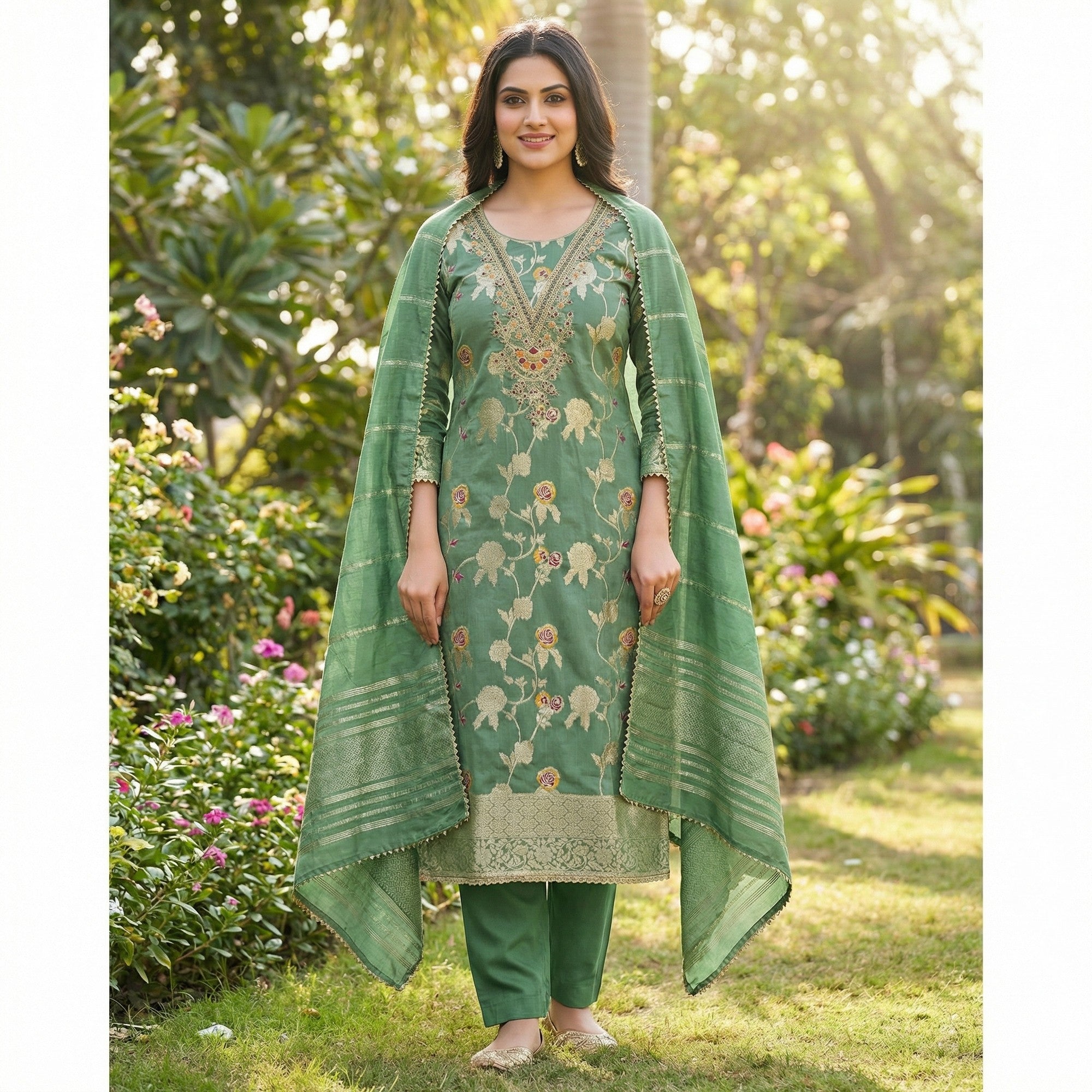Classic Green Floral Weaving Jacquard Dress Material Featuring Intricate Cording Embroidery Work - Image 1