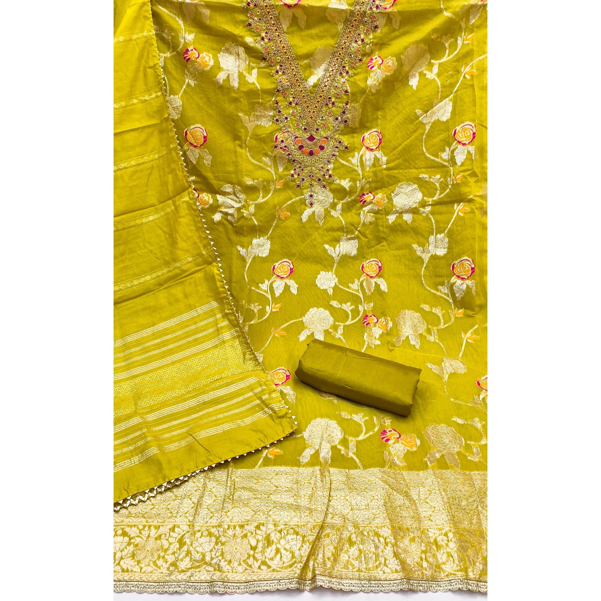 Classic Olive Floral Weaving Jacquard Dress Material Featuring Intricate Cording Embroidery Work - Image 3