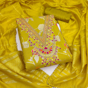 Classic Olive Floral Weaving Jacquard Dress Material Featuring Intricate Cording Embroidery Work - Image 4