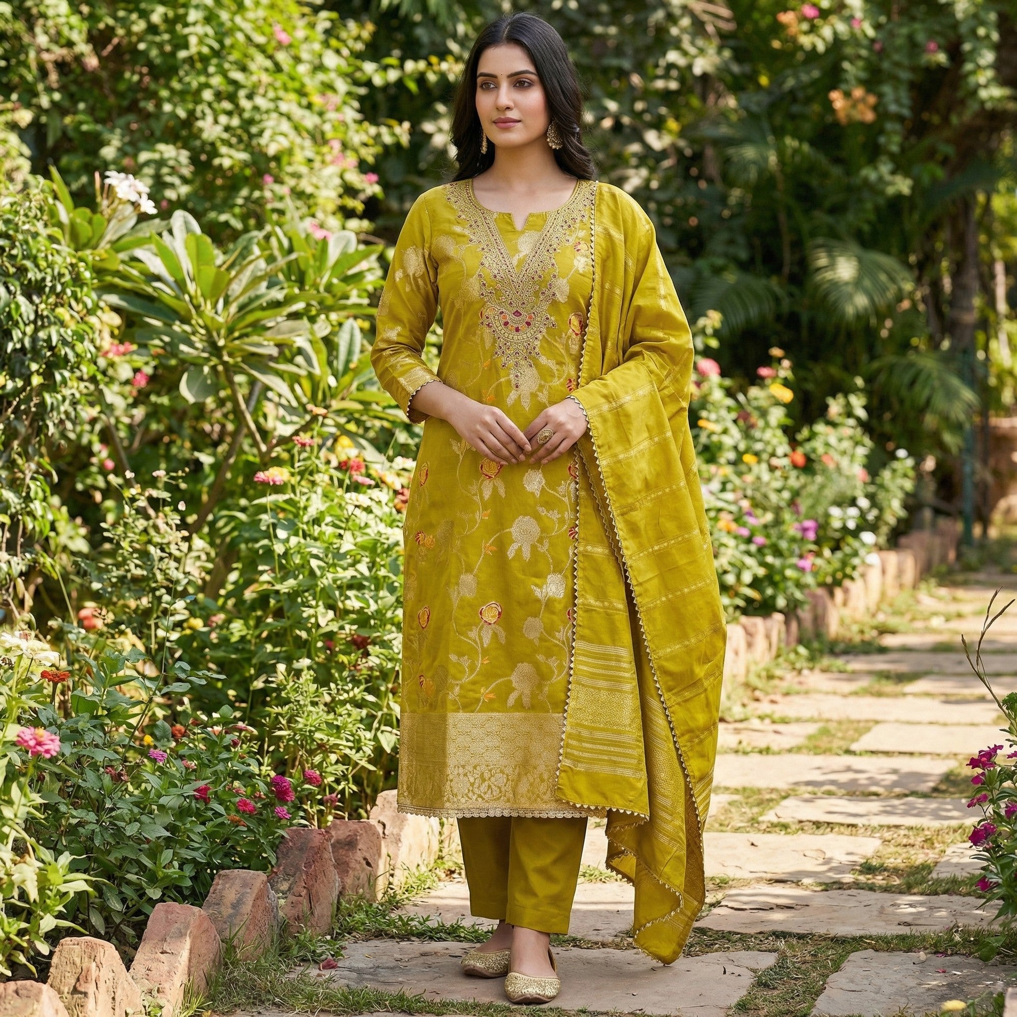 Classic Olive Floral Weaving Jacquard Dress Material Featuring Intricate Cording Embroidery Work - Image 1