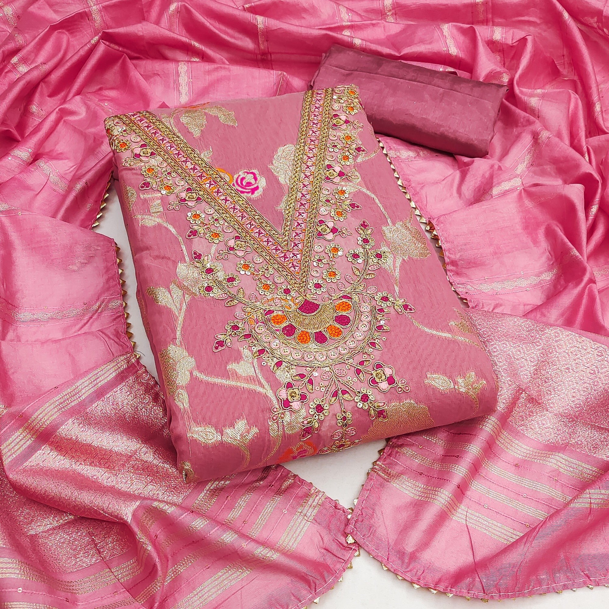 Classic Pink Floral Weaving Jacquard Dress Material Featuring Intricate Cording Embroidery Work - Image 1