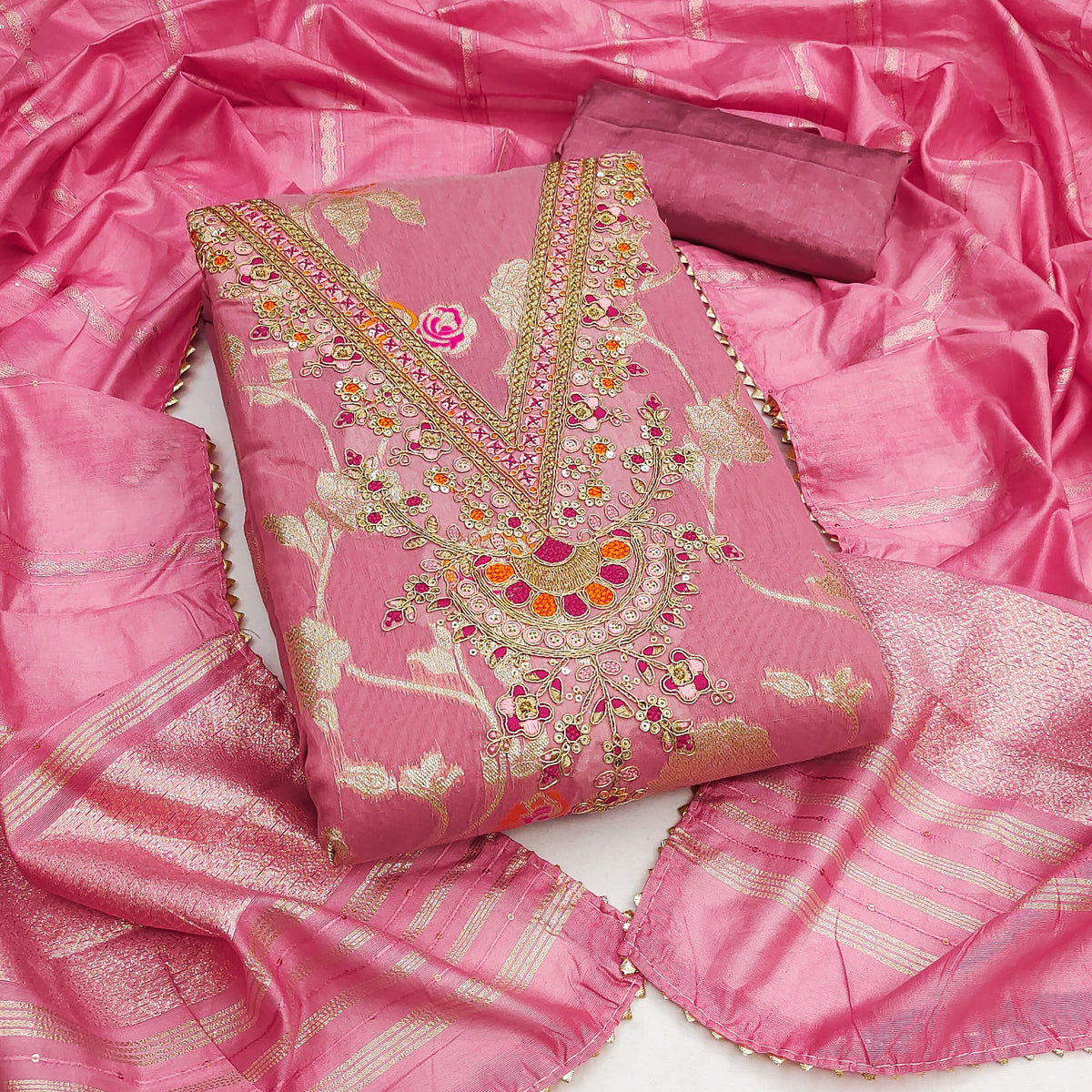 Classic Pink Floral Weaving Jacquard Salwar Suit Featuring Intricate Cording Embroidery Work - Image 3