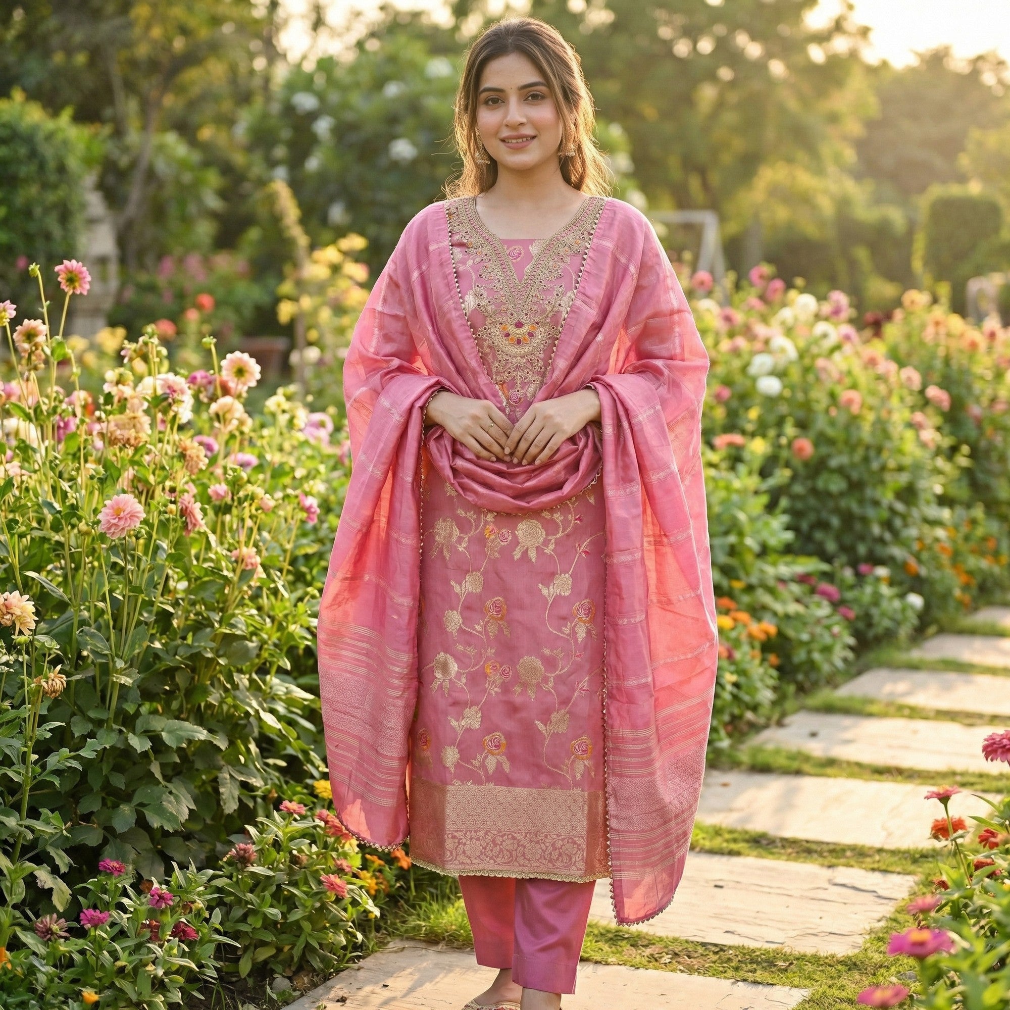 Classic Pink Floral Weaving Jacquard Dress Material Featuring Intricate Cording Embroidery Work - Image 1