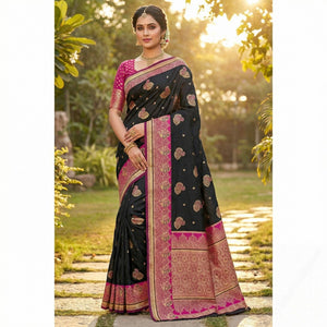 Black Authentic Banarasi Silk Saree with Fine Zari Weaving and Traditional Appeal - Image 1