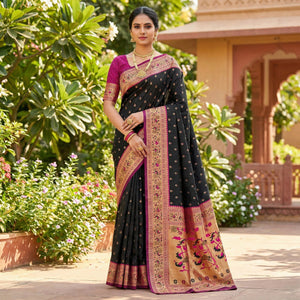 Black Traditional Banarasi Silk Saree with Rich Zari Weaving and Timeless Elegance - Image 1