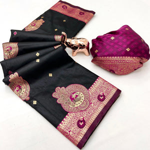 Black Luxury Banarasi Silk Saree with Authentic Zari Weaving for Festive Occasions - Image 2