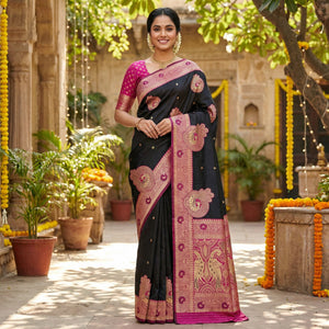 Black Luxury Banarasi Silk Saree with Authentic Zari Weaving for Festive Occasions - Image 1