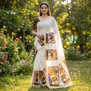 Graceful White Linen Cotton Saree With Stylish Floral Prints For Effortless Elegance - Image 1