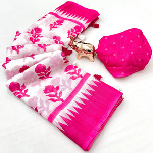 Pink Floral Printed Linen Saree with Blouse Piece - Image 2