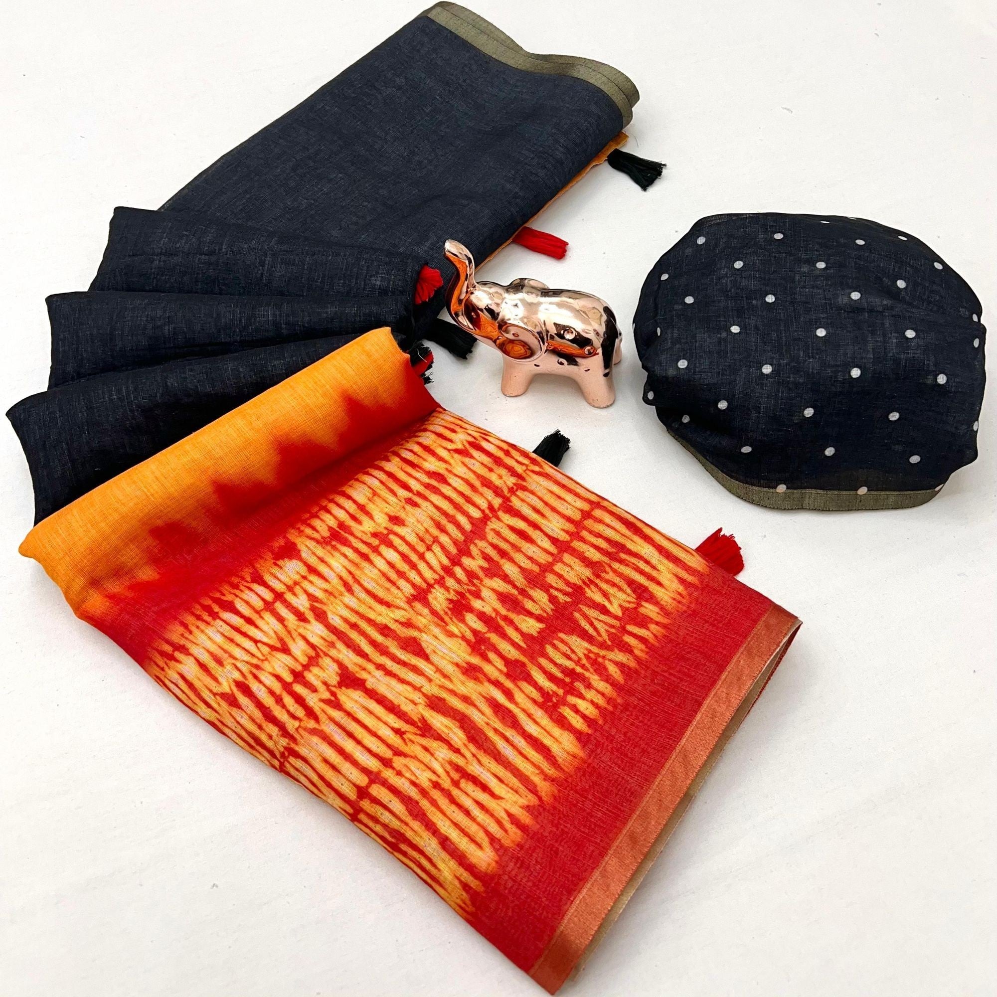 Elegant Black Linen Saree with Red and Red Tie-Dye Accent - Image 2