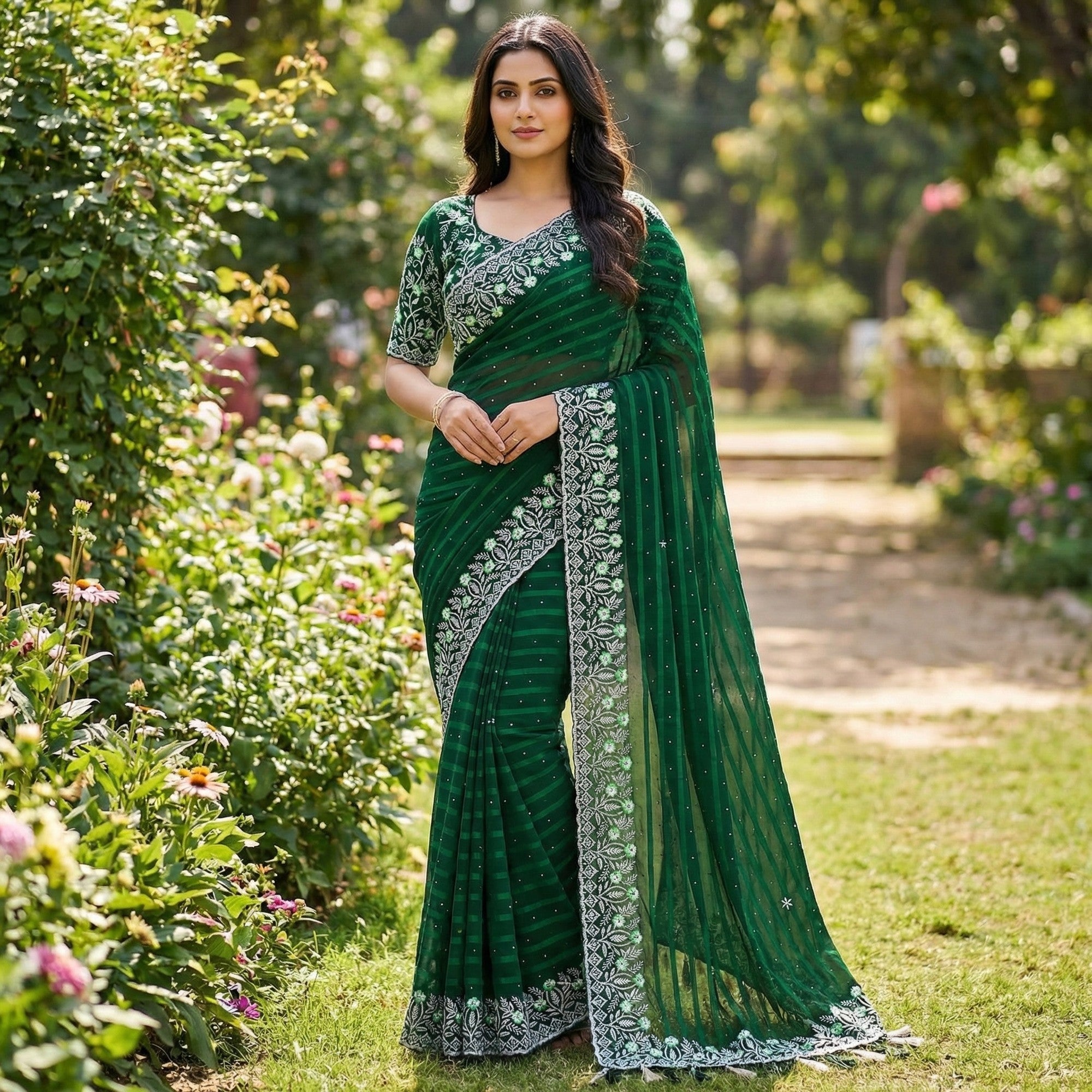 Graceful Green Floral Embroidery & Swarovski Work Chiffon Saree With Luxurious Tassel Pallu - Image 2