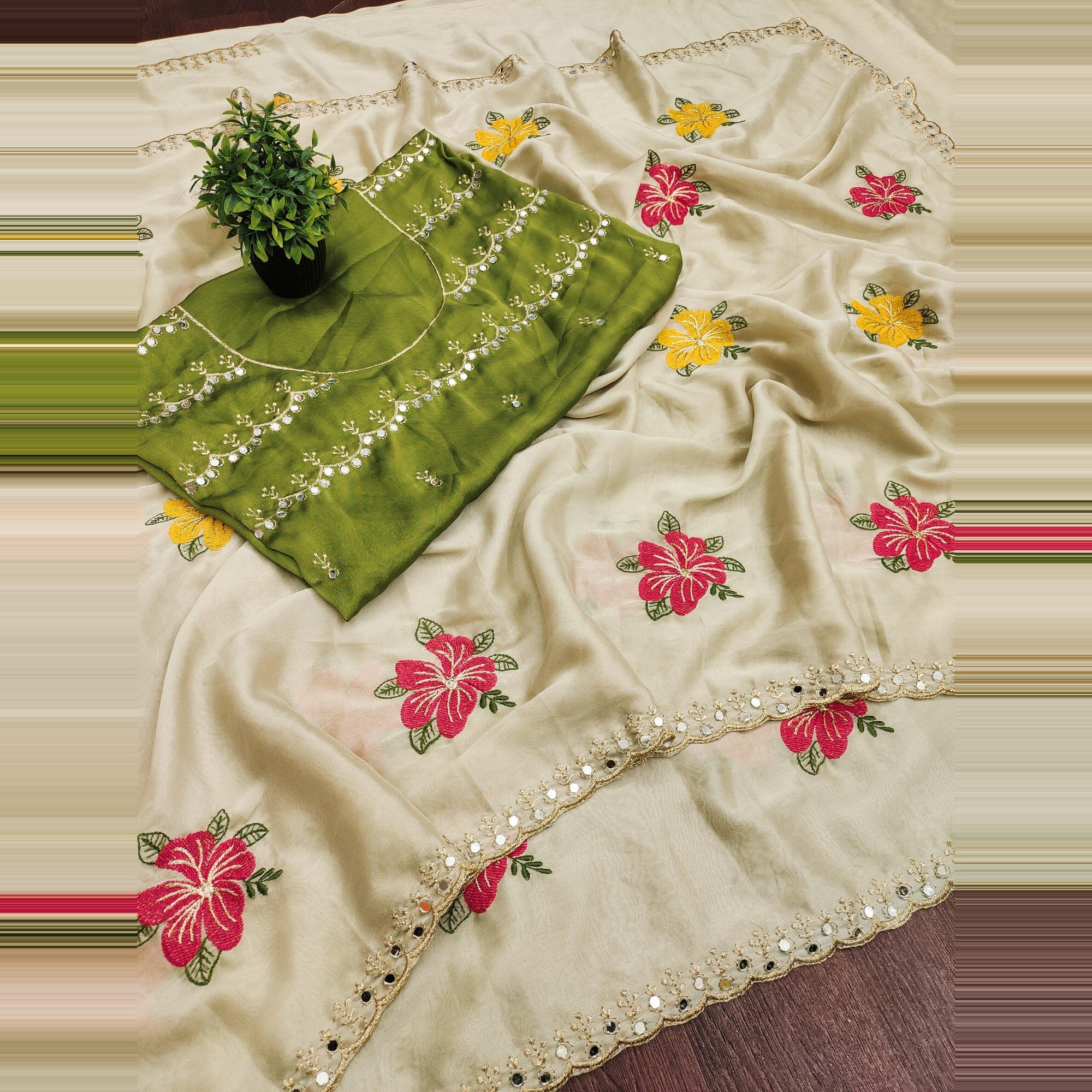 Cream & Green Floral Thread Work Saree Viscose Beautiful Mirror Border Festive Glamour - Image 3