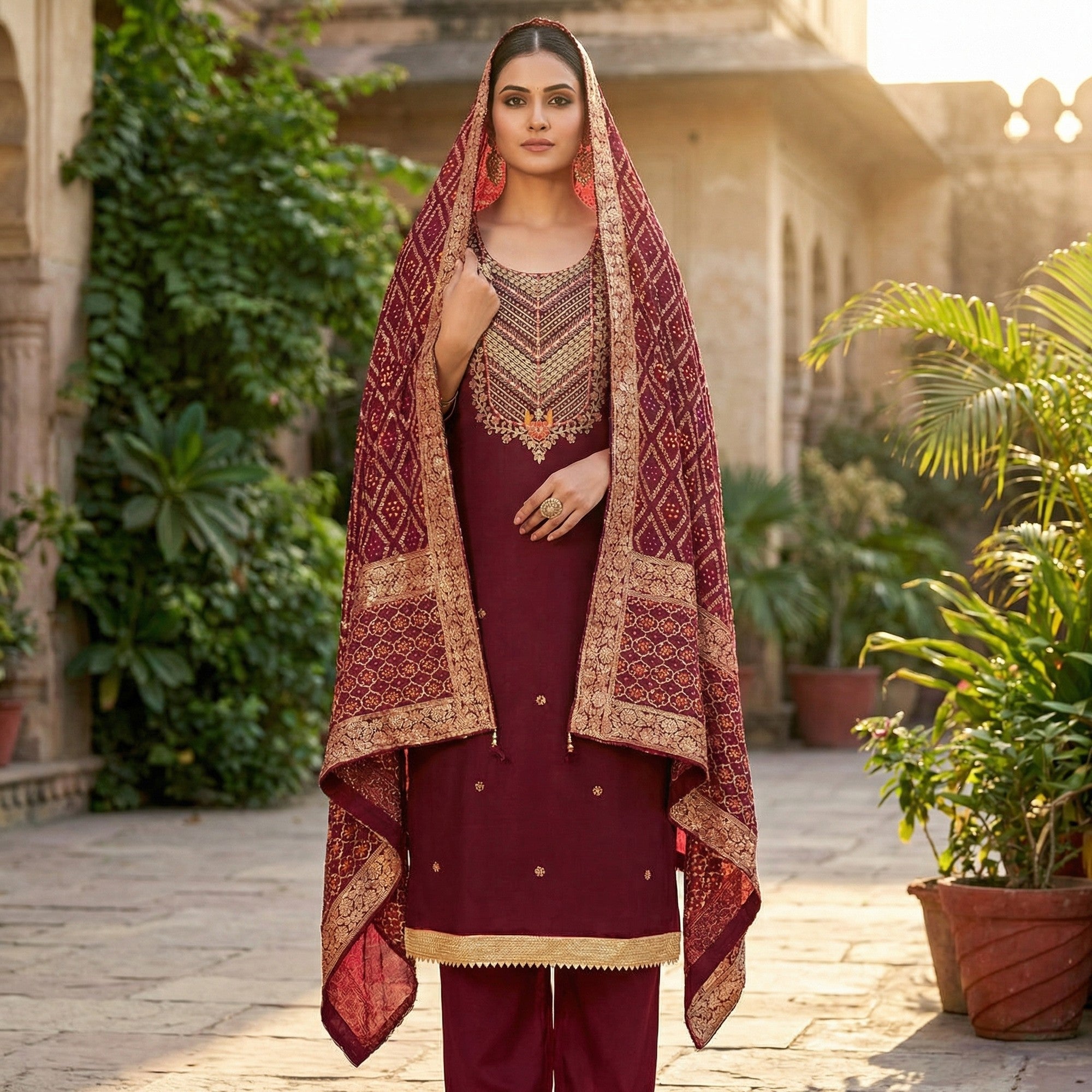 Graceful Maroon Cotton Silk Dress Material With Floral Cording Embroidery & Sparkling Sequins - Image 1