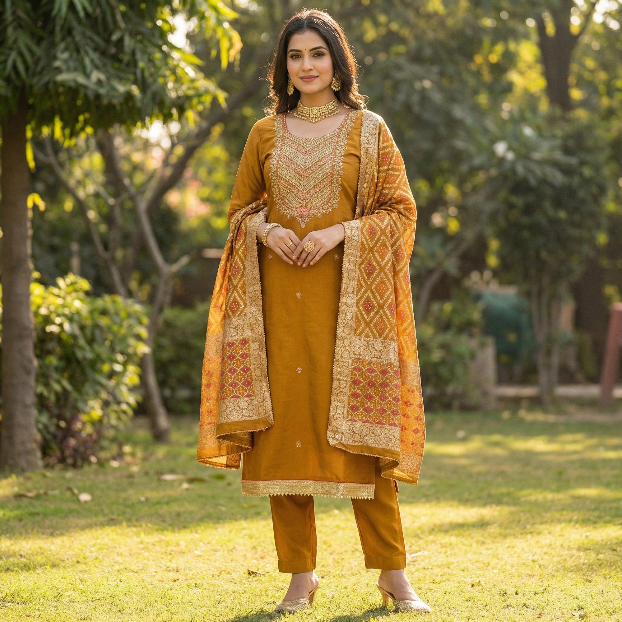 Graceful Mustard Cotton Silk Dress Material With Floral Cording Embroidery & Sparkling Sequins - Image 1