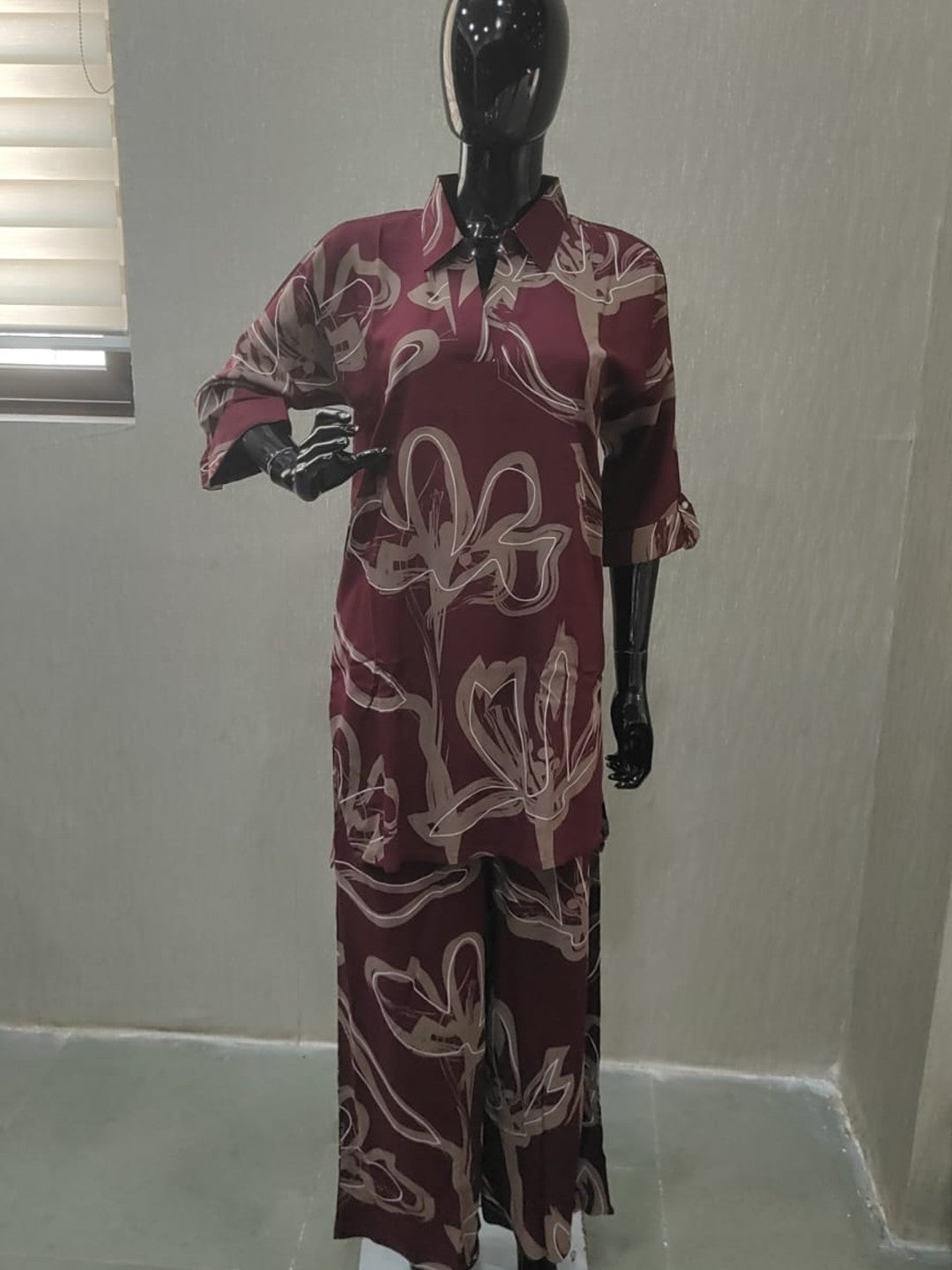 Wine Floral Printed Rayon Shirt-Style Top and Bottom Set for Casual Outings and Relaxed Styling - Image 4