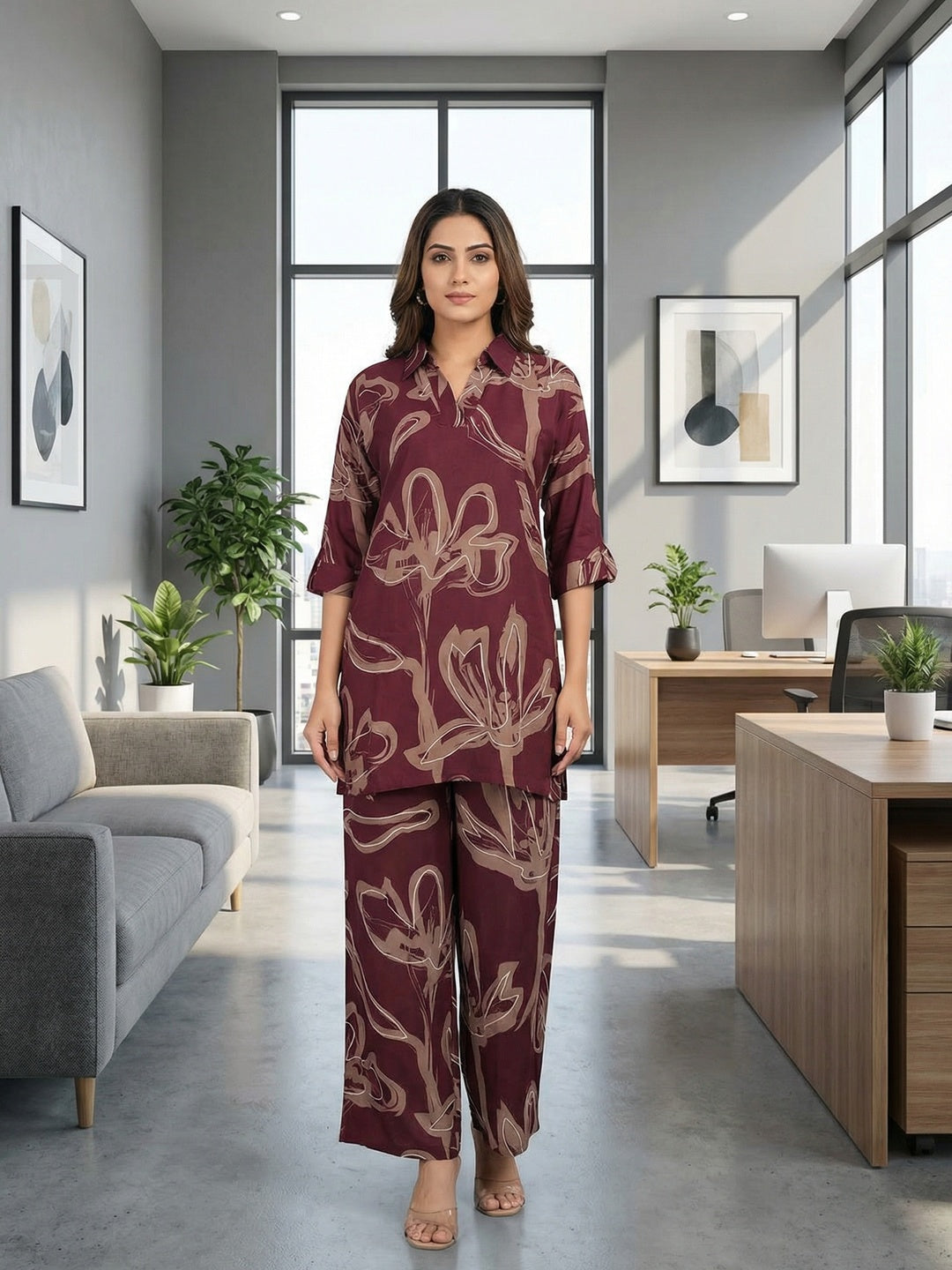 Wine Floral Printed Rayon Shirt-Style Top and Bottom Set for Casual Outings and Relaxed Styling - Image 1