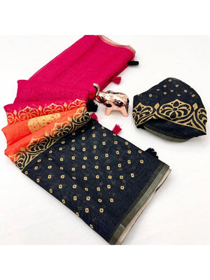 Pink Linen Saree with Printed Border and Pallu - Image 2