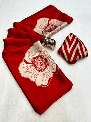 Timeless elegance in this red satin saree adorned with delicate floral prints. - Image 2