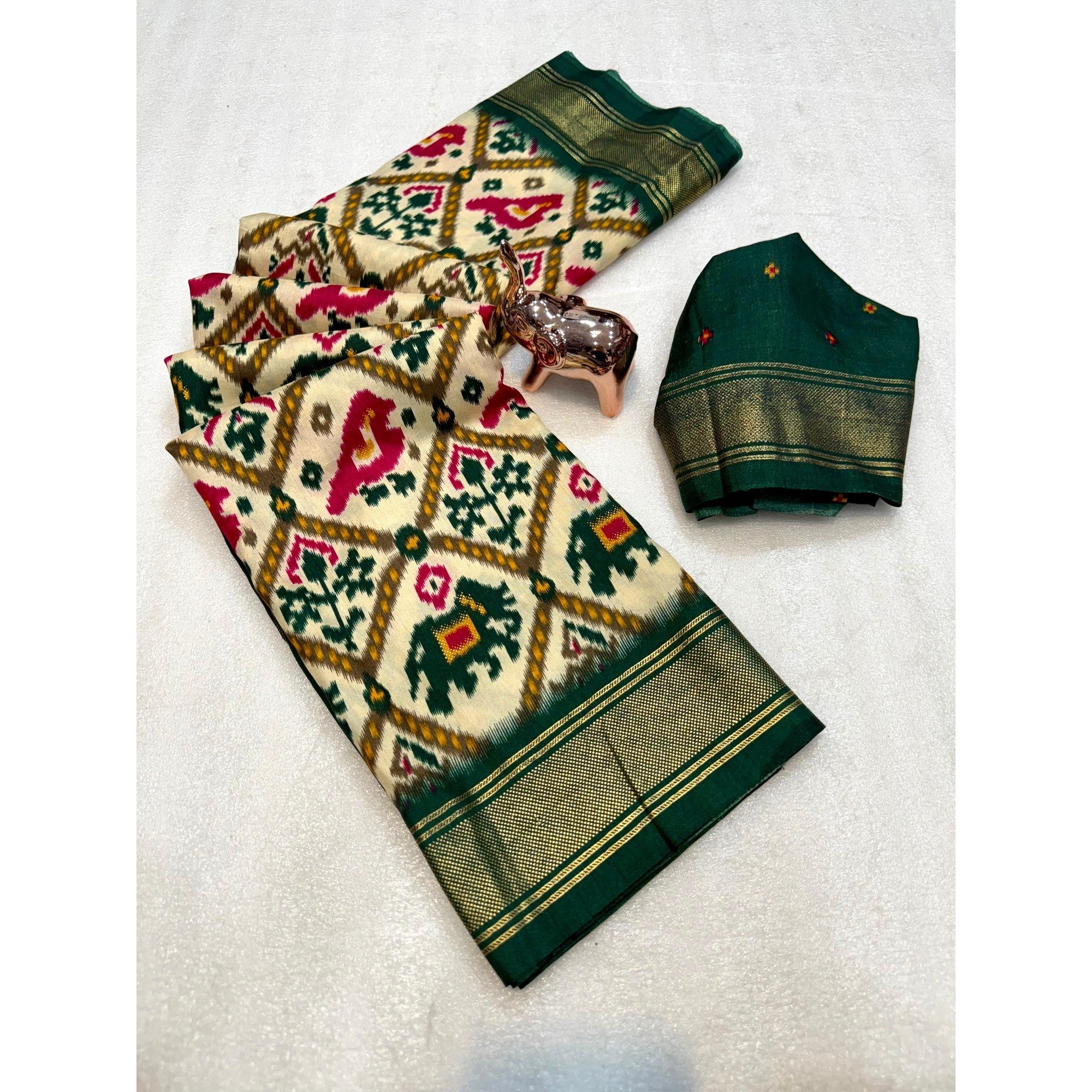 Elegant Cream & Green Ikkat Print Dola Silk Saree with Elephant Motifs - Image 3