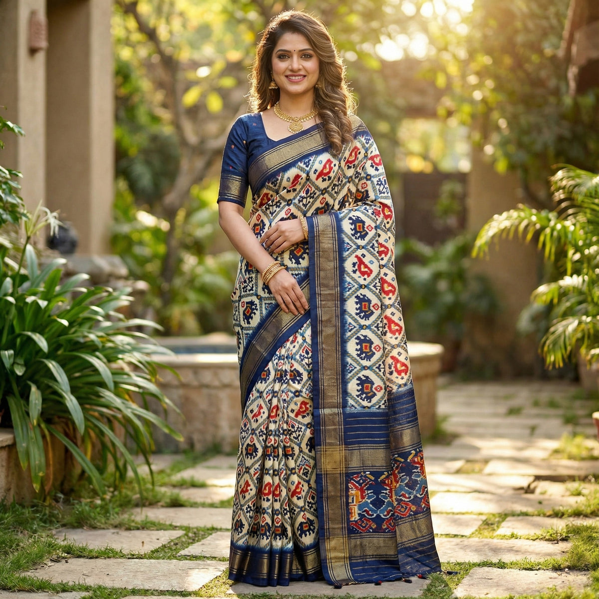 Elegant Cream & Blue Ikkat Print Dola Silk Saree with Elephant Motifs - Image 1