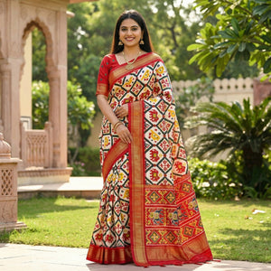 Elegant Cream & Red Ikkat Print Dola Silk Saree with Elephant Motifs - Image 1
