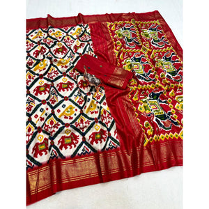 Elegant Cream & Red Ikkat Print Dola Silk Saree with Elephant Motifs - Image 2