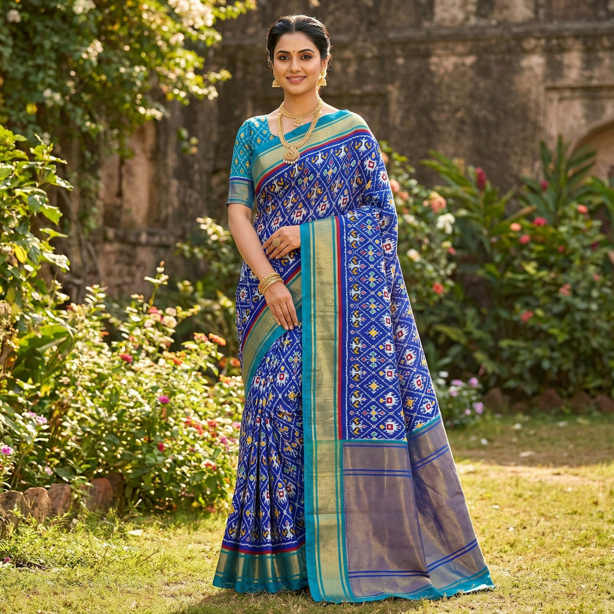 Royal Blue Ikkat Print Dola Silk Saree Highlighted with an Elegant Zari Border - Image 1